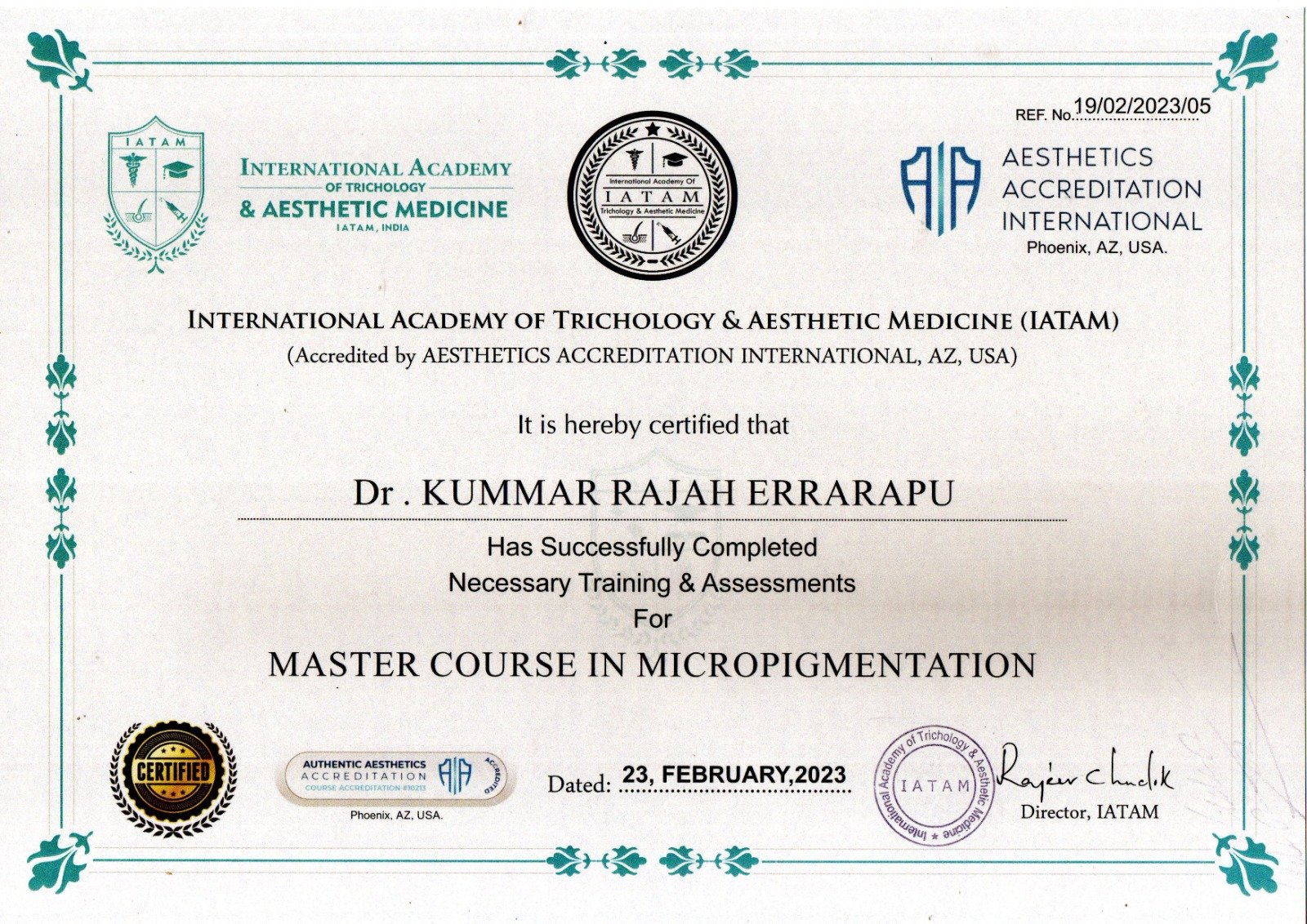 Dr. Kumar Rajah fellowship certificate in oral implantology