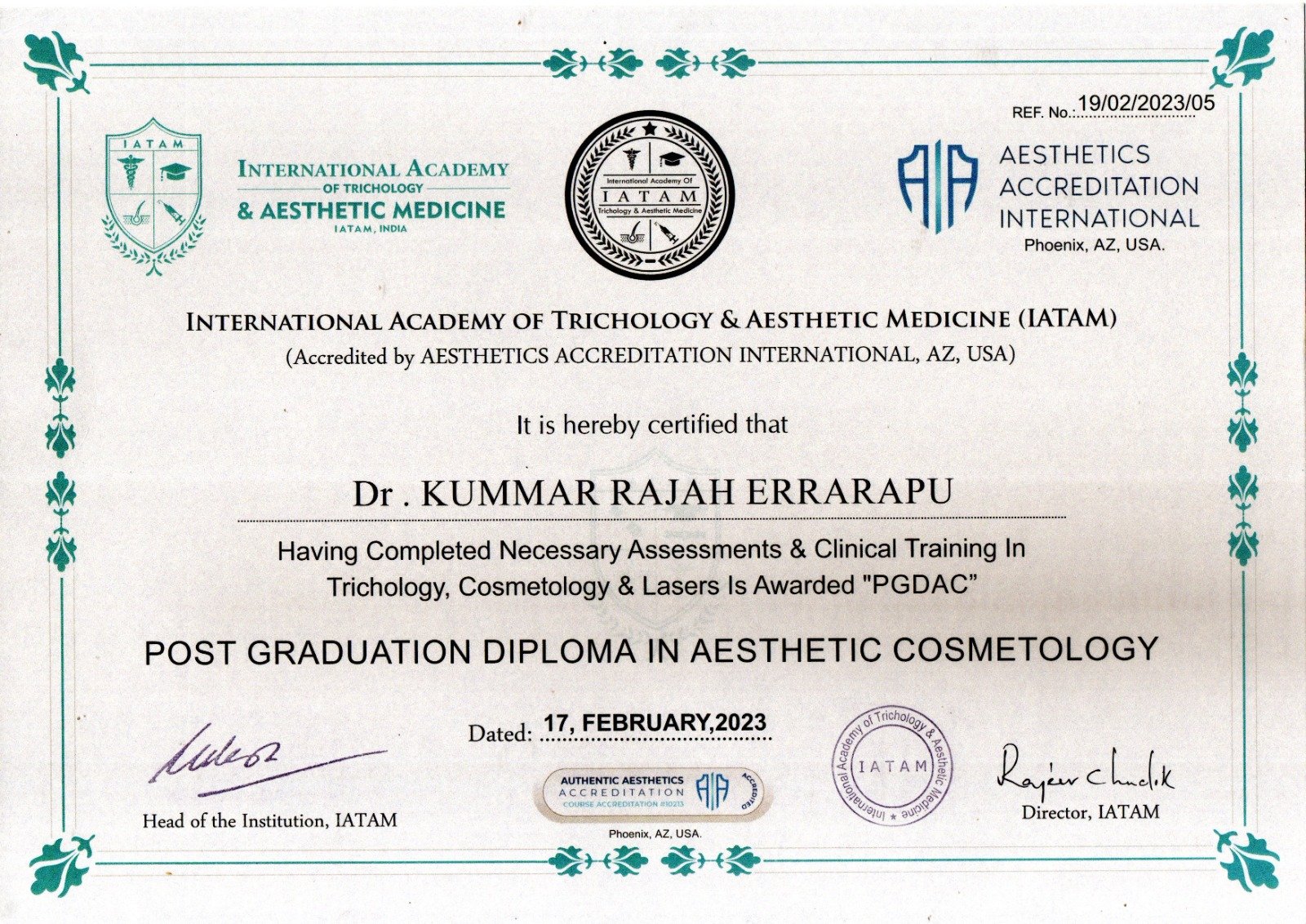 Dr. Kumar Rajah advanced aesthetics certification